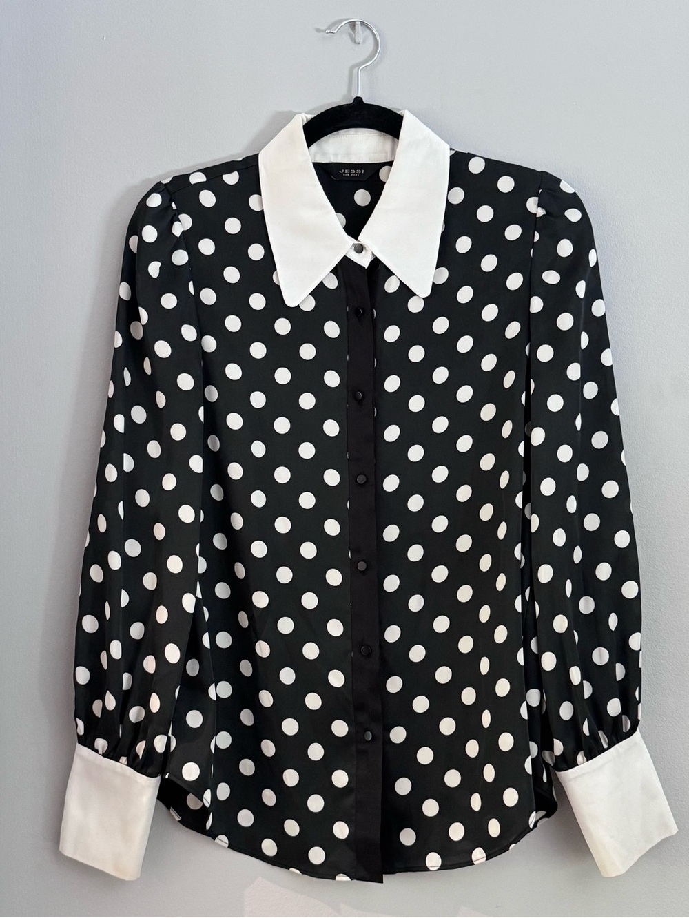 Women's Black Polka Dot Button-Front Blouse with White Collar